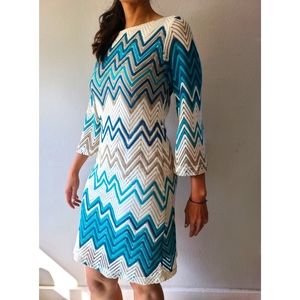 Chevron lace knit 3/4 Bell Sleeve Dress 70s style Boho